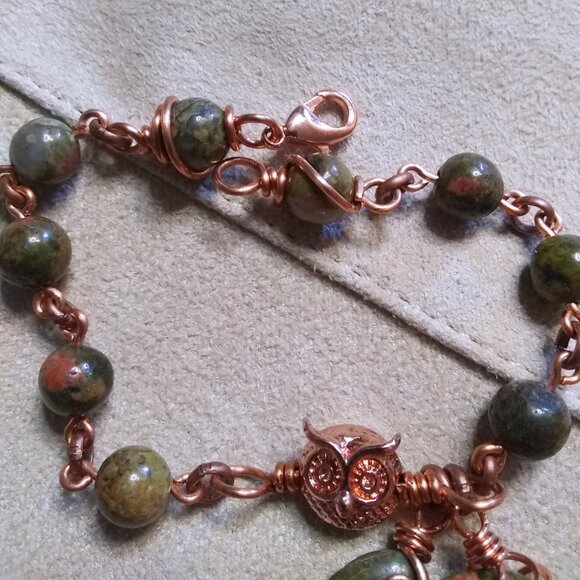 Hand Crafted! Unakite Jasper & Copper Owl + Wire Wrapped Unakite Moon Bracelet - Picture 10 of 13